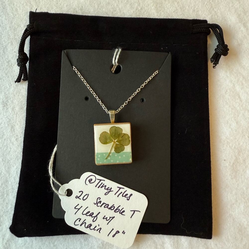 Hand-Crafted Real 4 Four Leaf Clover Scrabble Tile Pendant w/ Silver Chain - Picture 7 of 7